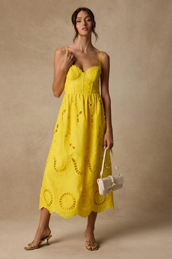 Jenora Yellow Embroidered Bustier Midi Dress
