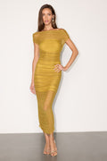 Sunama Chartreuse Mesh Ruched Bodycon Midi Dress