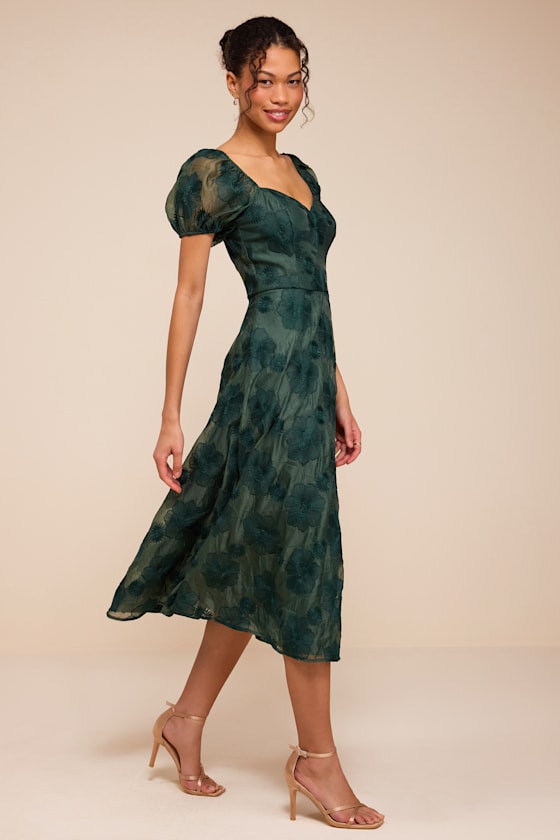 Sweetest Behavior Emerald Embroidered Puff Sleeve Midi Dress