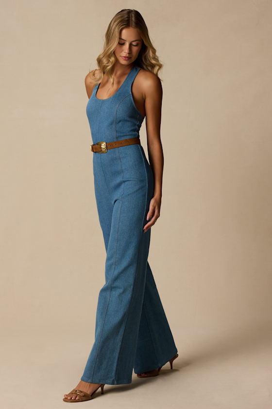 Bowie Medium Wash Denim Wide-Leg Jumpsuit