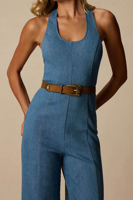 Bowie Medium Wash Denim Wide-Leg Jumpsuit