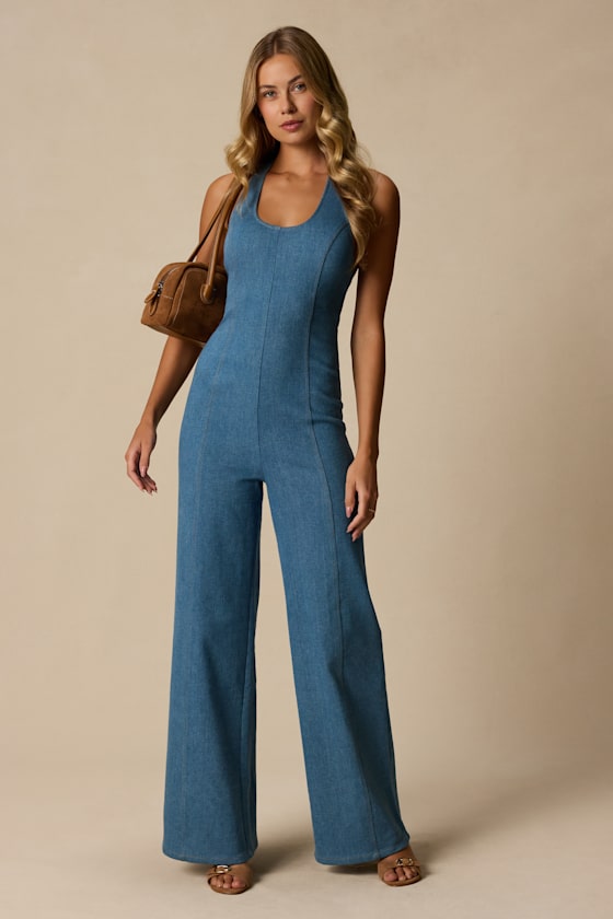 Bowie Medium Wash Denim Wide-Leg Jumpsuit