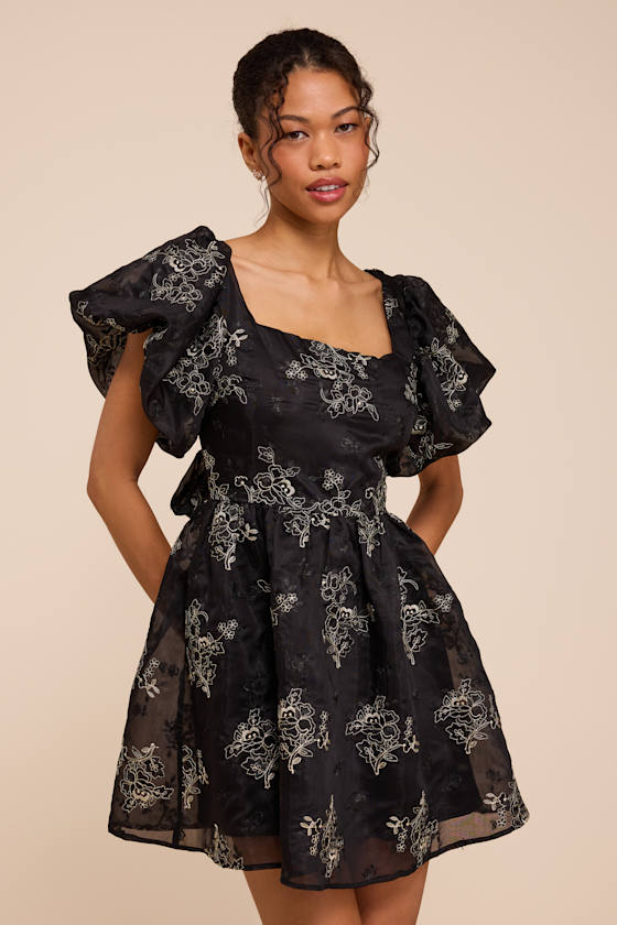Cathaysa Black Embroidered Puff Sleeve Bow Mini Dress