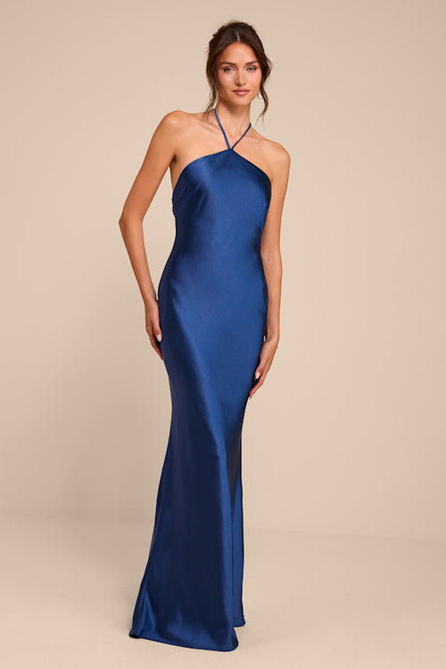 Roya Navy Satin Halter Backless Maxi Dress
