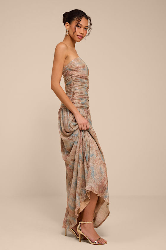Aubriana Light Brown Multi Abstract Lurex Maxi Dress