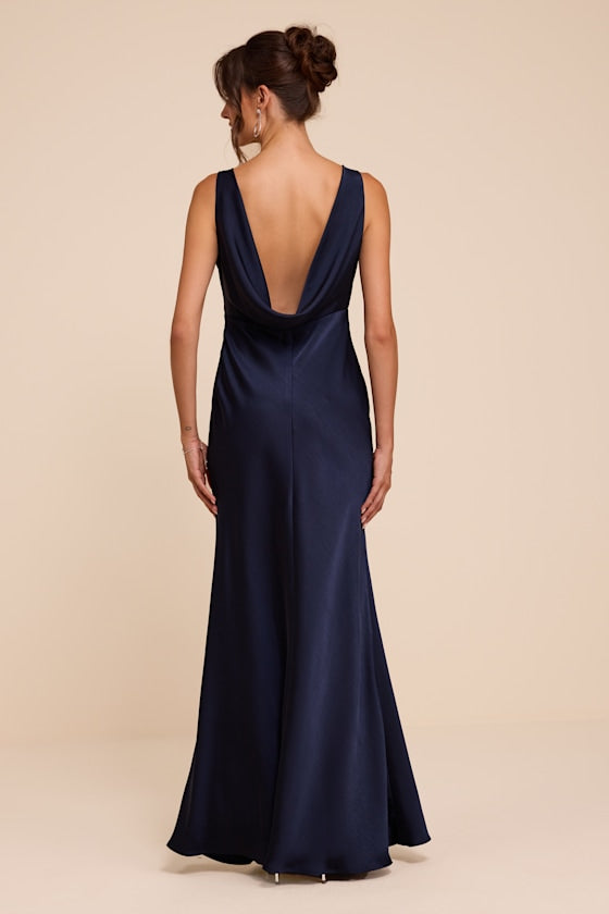 Hatley Navy Satin Cowl Back Maxi Dress