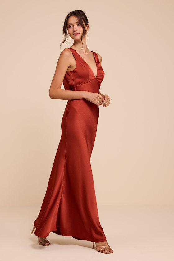 Hatley Rust Red Satin Cowl Back Maxi Dress