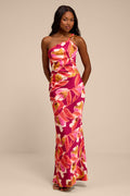 Sandria Magenta Multi Floral Satin One-Shoulder Maxi Dress