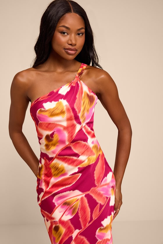 Sandria Magenta Multi Floral Satin One-Shoulder Maxi Dress