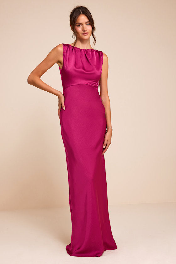 Perla Magenta Satin Boat Neck Maxi Dress