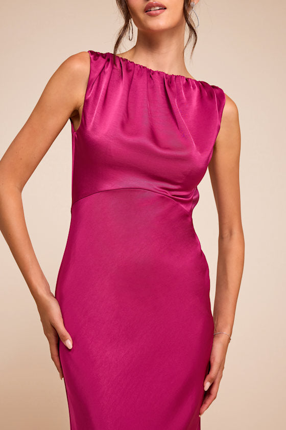 Perla Magenta Satin Boat Neck Maxi Dress