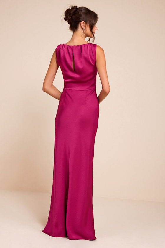 Perla Magenta Satin Boat Neck Maxi Dress