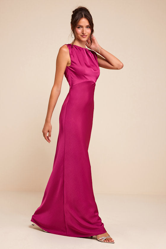 Perla Magenta Satin Boat Neck Maxi Dress