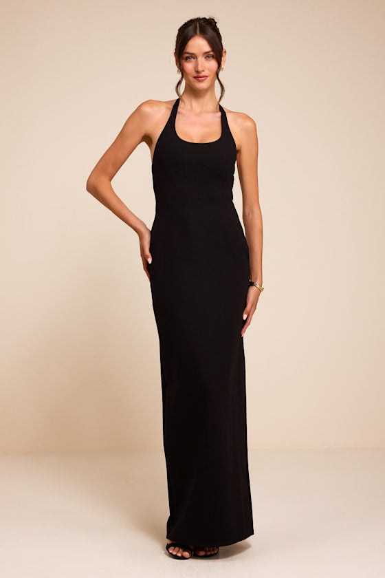 Tamisha Black Halter Ponte Knit Maxi Dress