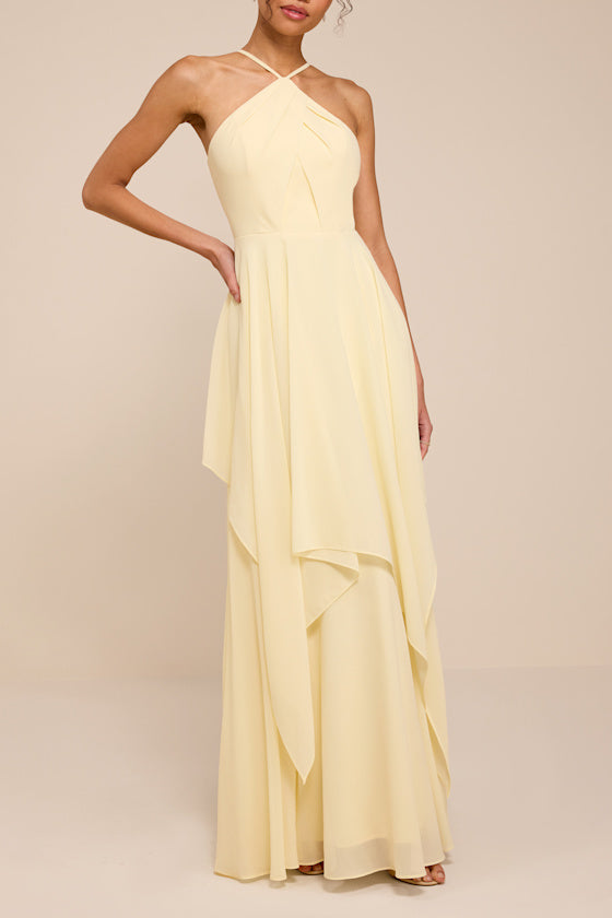 Aletta Pale Yellow Tiered Halter Maxi Dress