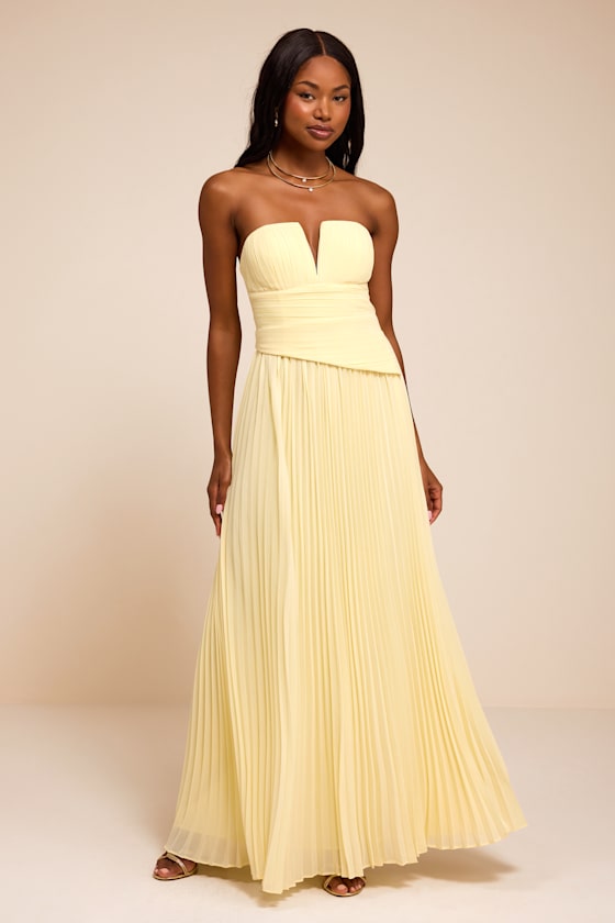 Zea Light Yellow Pleated Drop Waist Maxi Dress