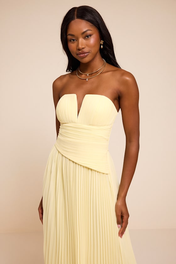 Zea Light Yellow Pleated Drop Waist Maxi Dress