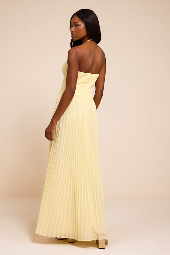 Zea Light Yellow Pleated Drop Waist Maxi Dress