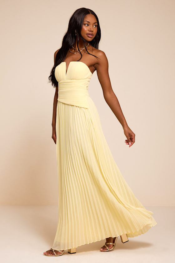 Zea Light Yellow Pleated Drop Waist Maxi Dress