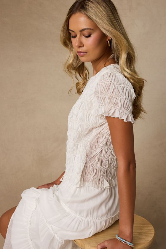 Chana Ivory Smocked Short Sleeve Top