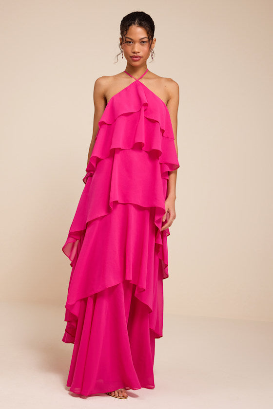 Aveley Hot Pink Tiered Shift Maxi Dress