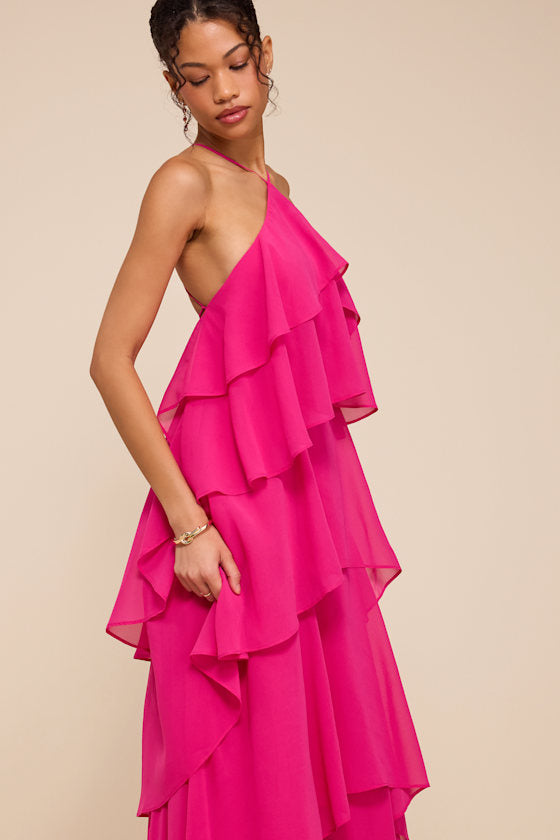 Aveley Hot Pink Tiered Shift Maxi Dress
