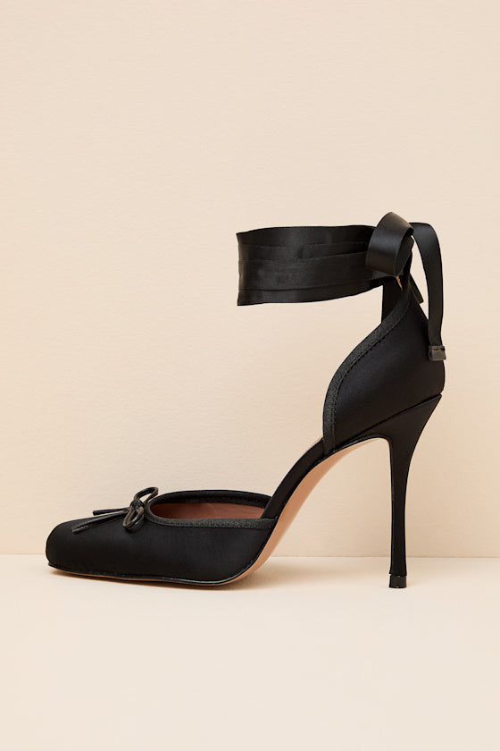 Larina Black Satin Lace-Up Pumps