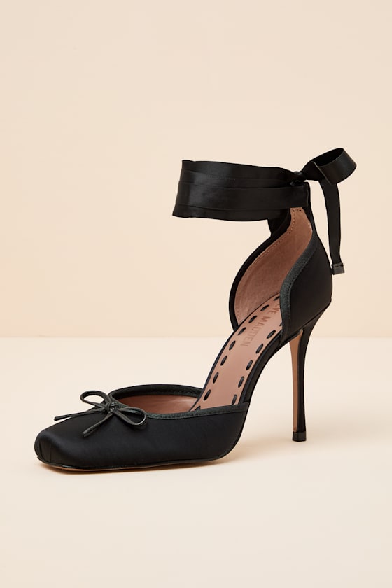 Larina Black Satin Lace-Up Pumps