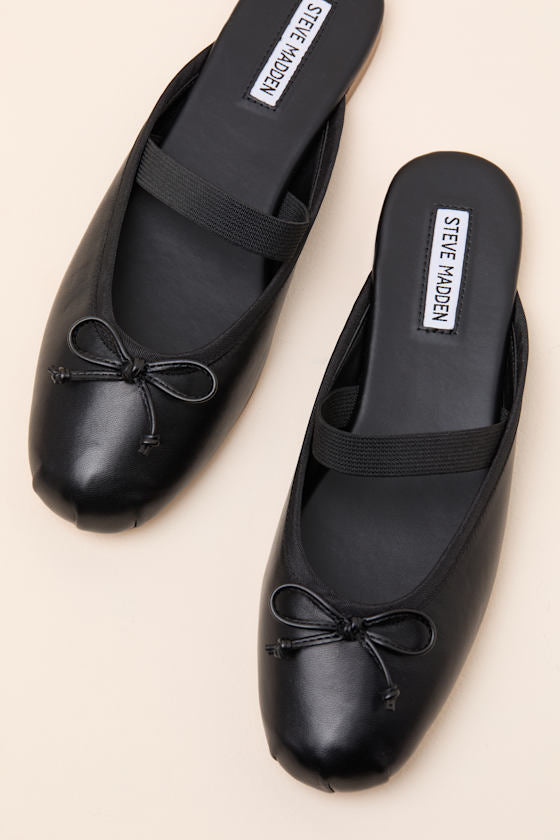 Cutesy Black Leather Ballet Flat Mules
