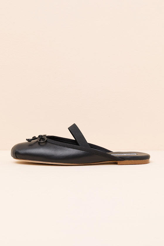 Cutesy Black Leather Ballet Flat Mules