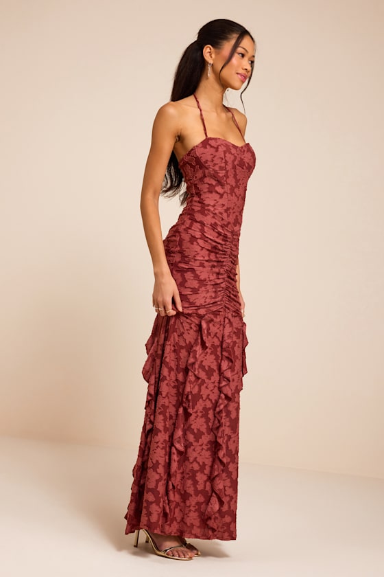 Dimona Rusty Rose Floral Burnout Ruched Maxi Dress
