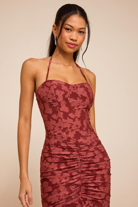 Dimona Rusty Rose Floral Burnout Ruched Maxi Dress