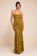 Dimona Olive Floral Burnout Ruched Maxi Dress