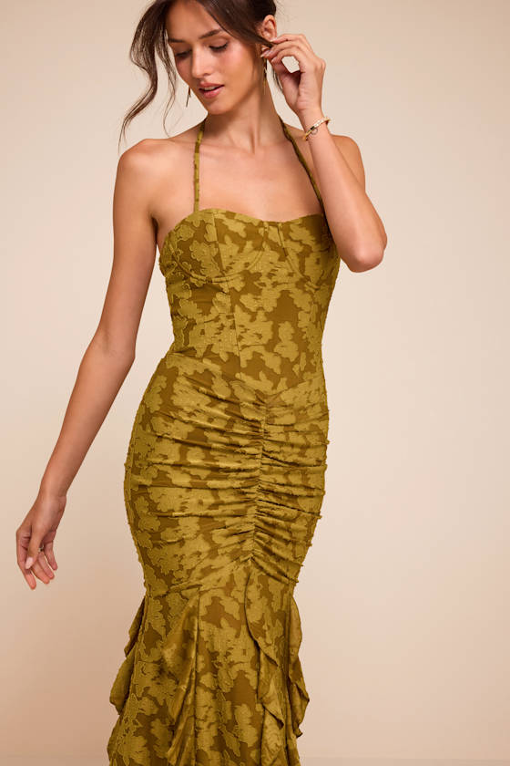 Dimona Olive Floral Burnout Ruched Maxi Dress