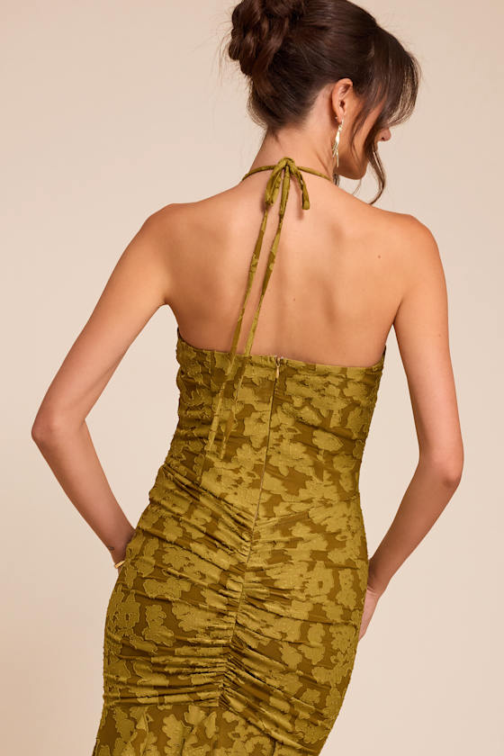 Dimona Olive Floral Burnout Ruched Maxi Dress