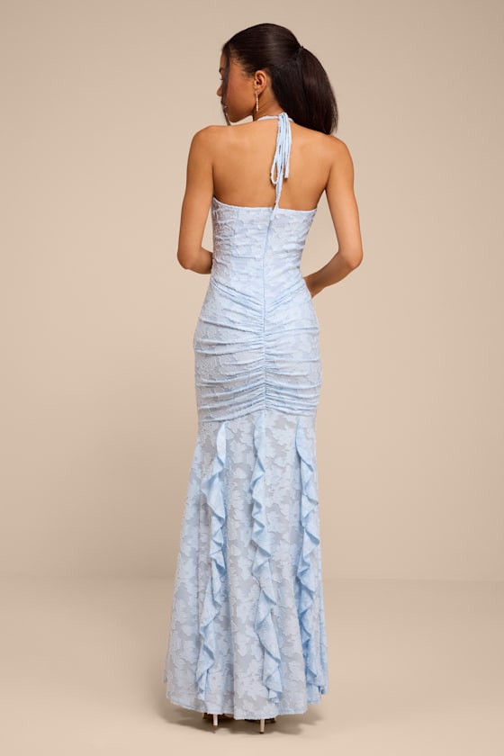 Dimona Light Blue Floral Burnout Ruched Maxi Dress