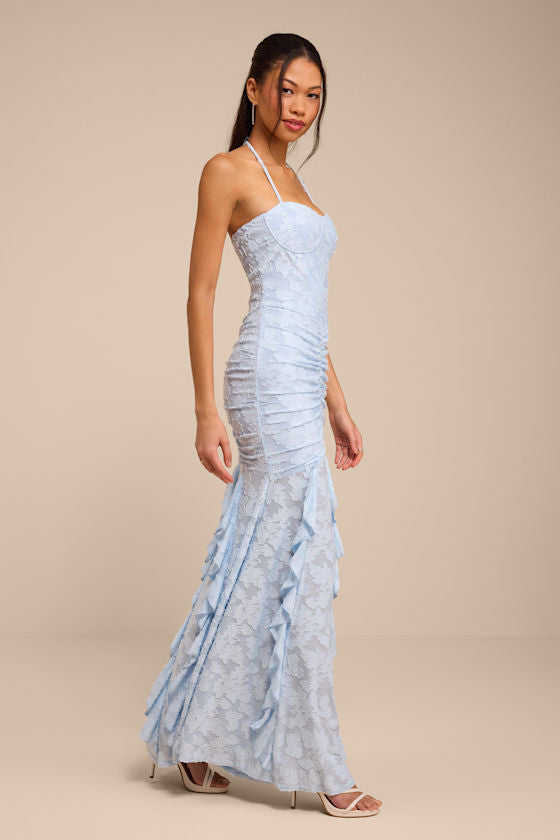 Dimona Light Blue Floral Burnout Ruched Maxi Dress