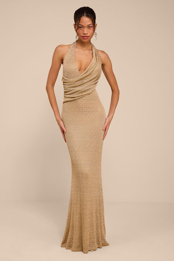 Grace Gold Knit Ruched Halter Maxi Dress