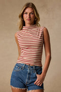 Krisella Beige and Red Striped Mock Neck Top