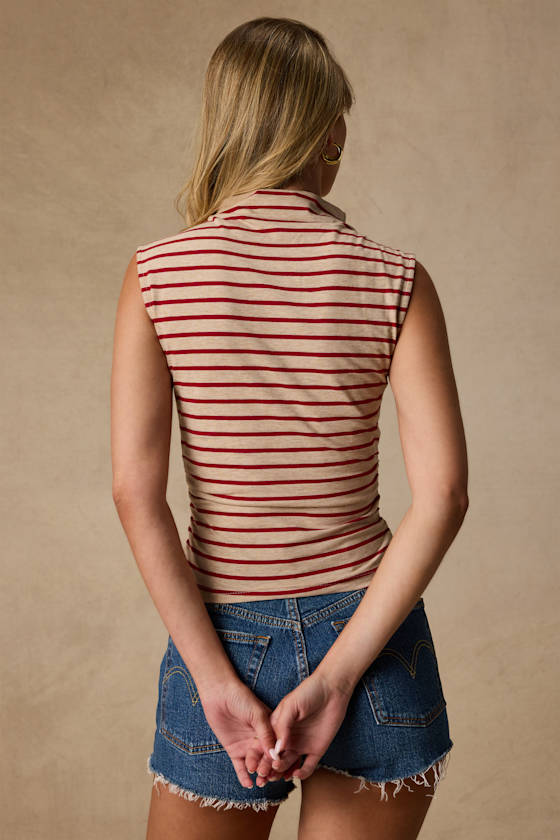 Krisella Beige and Red Striped Mock Neck Top