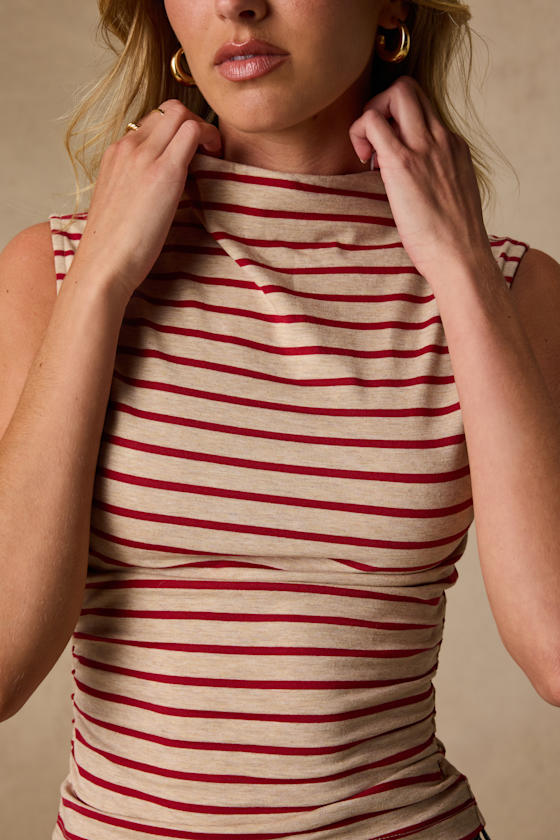 Krisella Beige and Red Striped Mock Neck Top