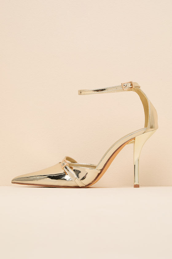Kellen Gold Patent Ankle Strap Pointed-Toe Pumps