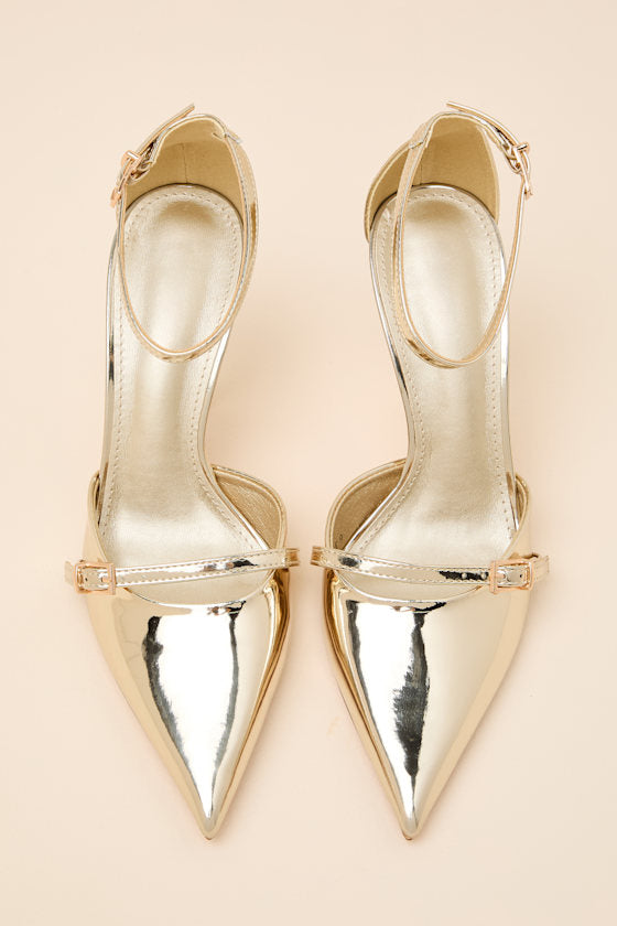Kellen Gold Patent Ankle Strap Pointed-Toe Pumps