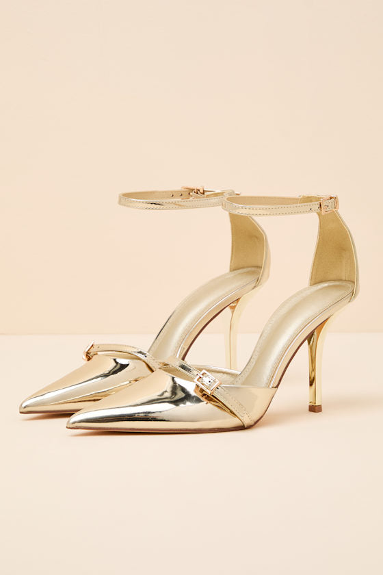 Kellen Gold Patent Ankle Strap Pointed-Toe Pumps