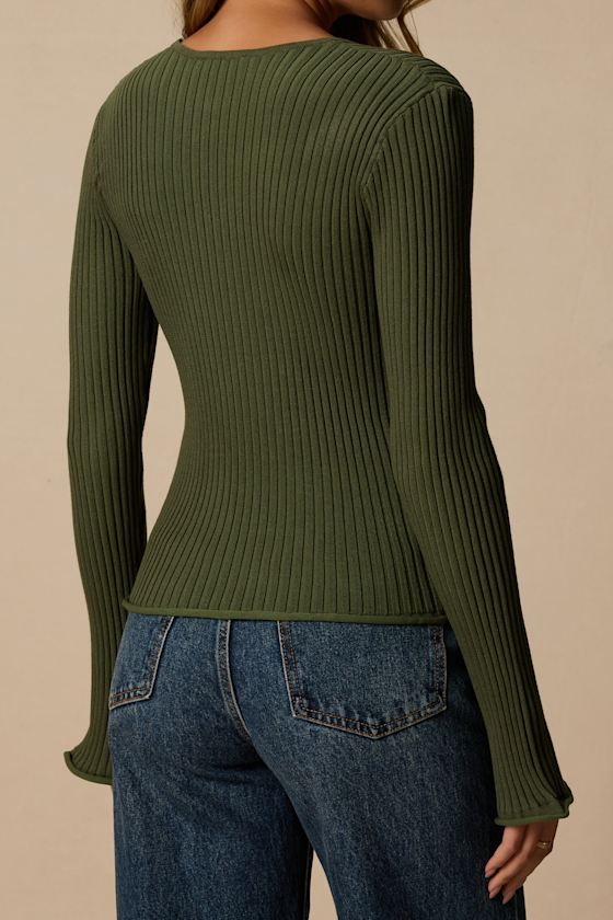 Pruett Olive Green Ribbed Knit Long Sleeve Top