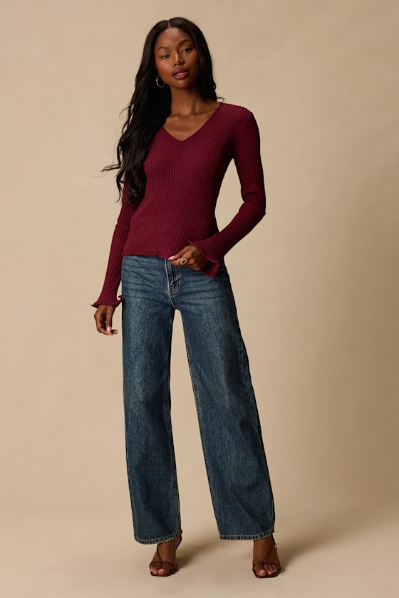 Pruett Burgundy Ribbed Knit Long Sleeve Top