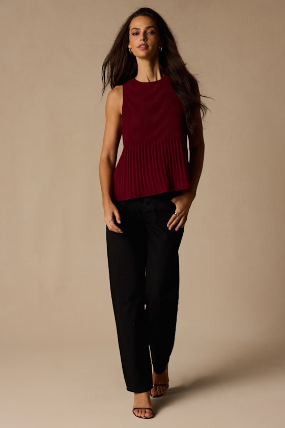 Eleanor Wine Red Lace Pleated Tank Top