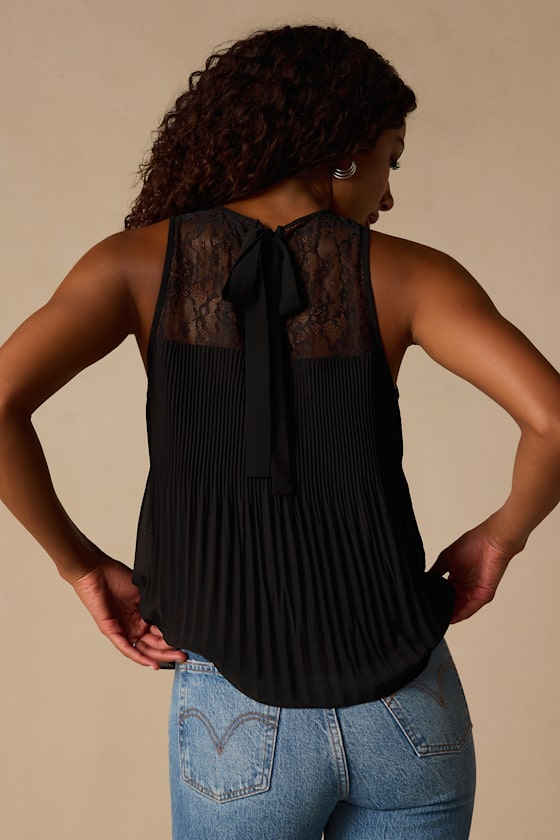 Eleanor Black Lace Pleated Tank Top