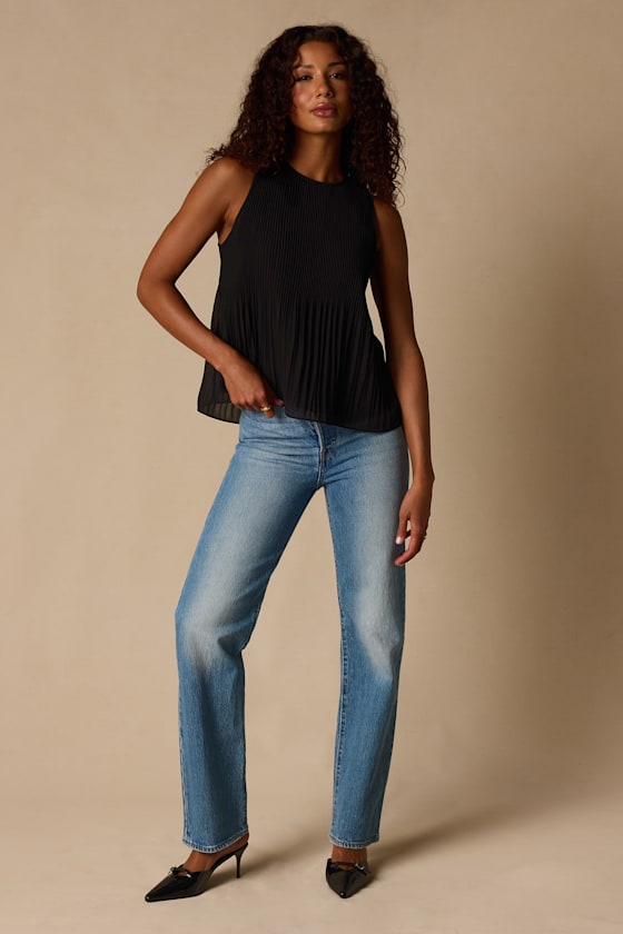 Eleanor Black Lace Pleated Tank Top