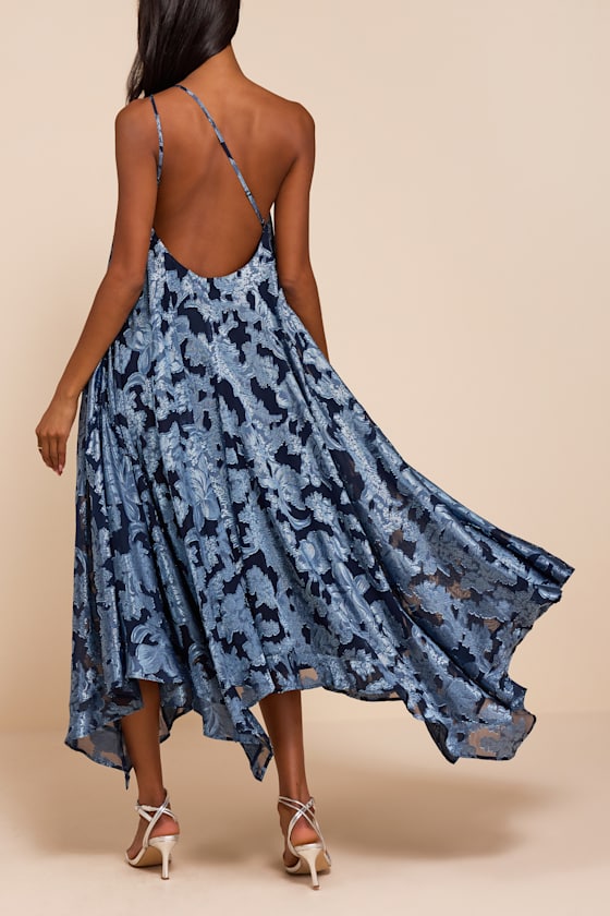 Deja Navy Floral Jacquard One-Shoulder Shift Midi Dress